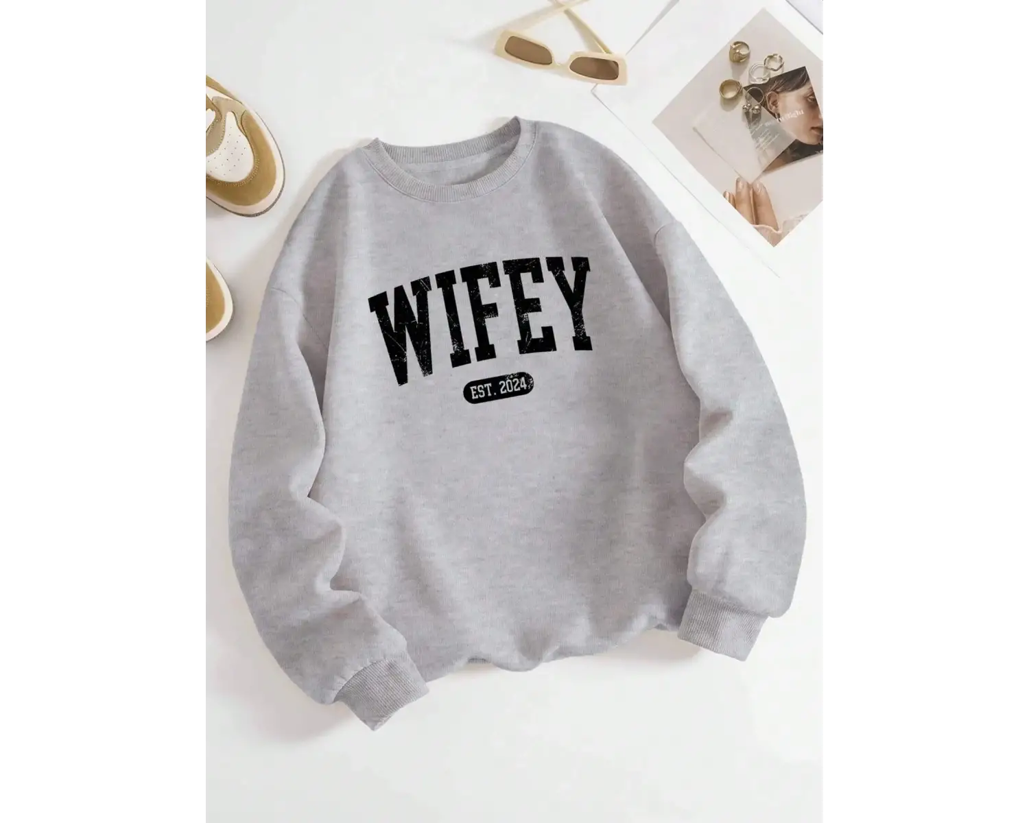 Sokak Rahat Kadın Kazak Wifey EST.2024 Mektup Baskı Kazak Sıcak Yumuşak Hoodies Gevşek Crewne