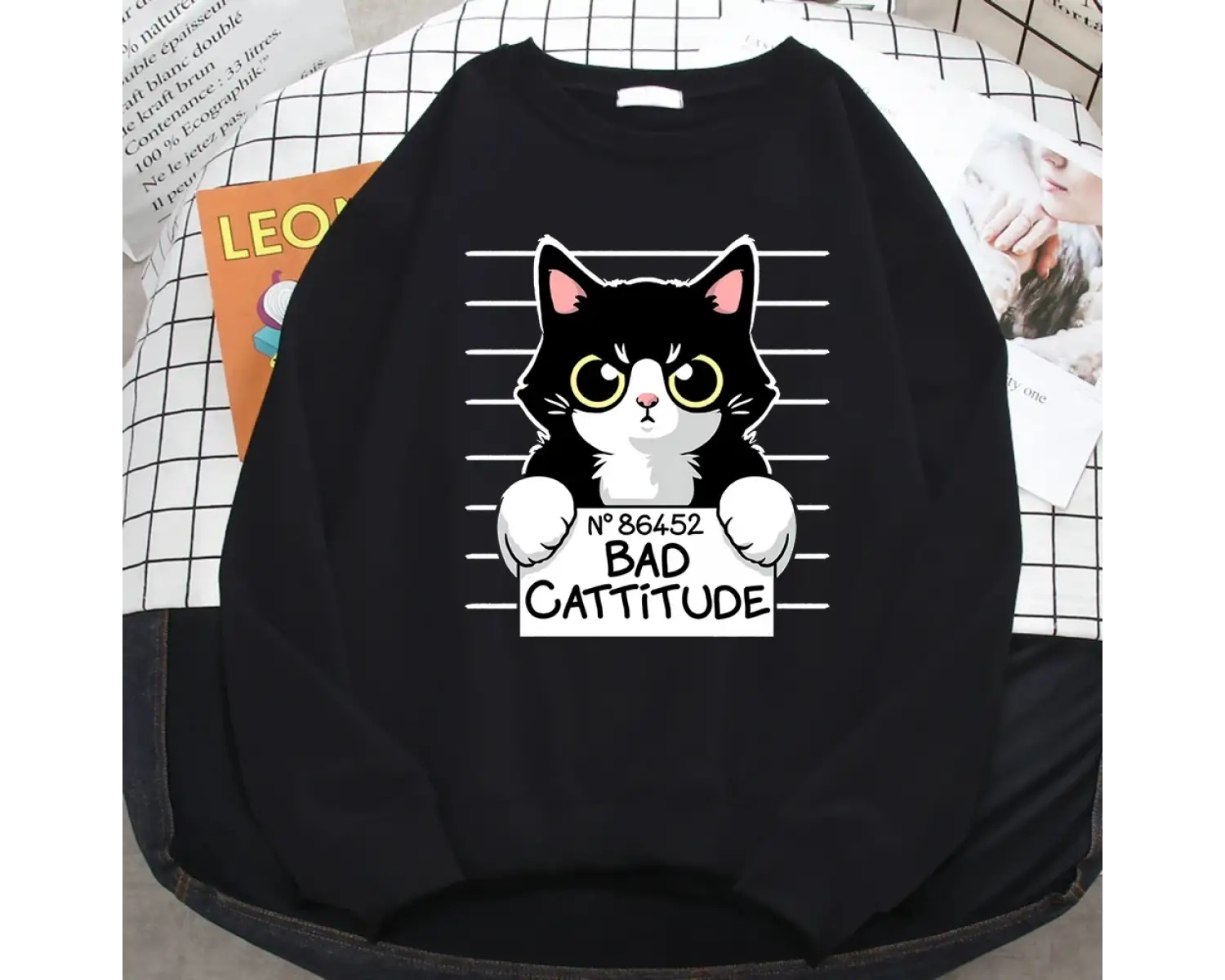 Sonbahar Kış Bayan Kazak No86452 Bad Cattitude Komik Kedi baskılı kapüşonlu svetşört Polar Tü