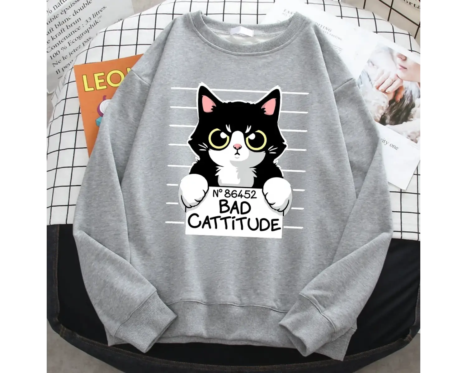 Sonbahar Kış Bayan Kazak No86452 Bad Cattitude Komik Kedi baskılı kapüşonlu svetşört Polar Tü