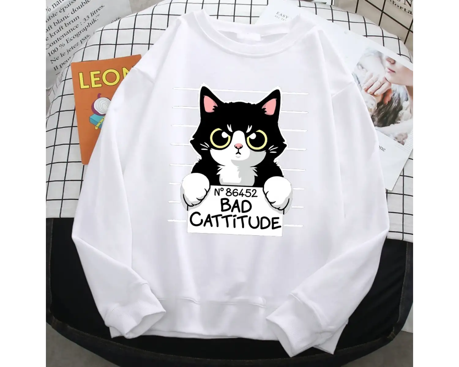 Sonbahar Kış Bayan Kazak No86452 Bad Cattitude Komik Kedi baskılı kapüşonlu svetşört Polar Tü