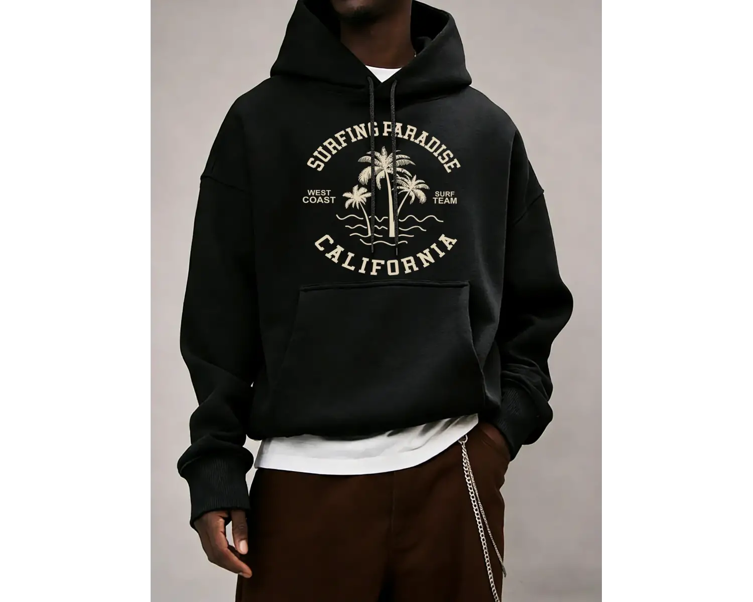 Sörf Cenneti Kaliforniya Baskılı Kapüşonlular Erkek Cep Yumuşak Giysiler Polar Gevşek Üstler