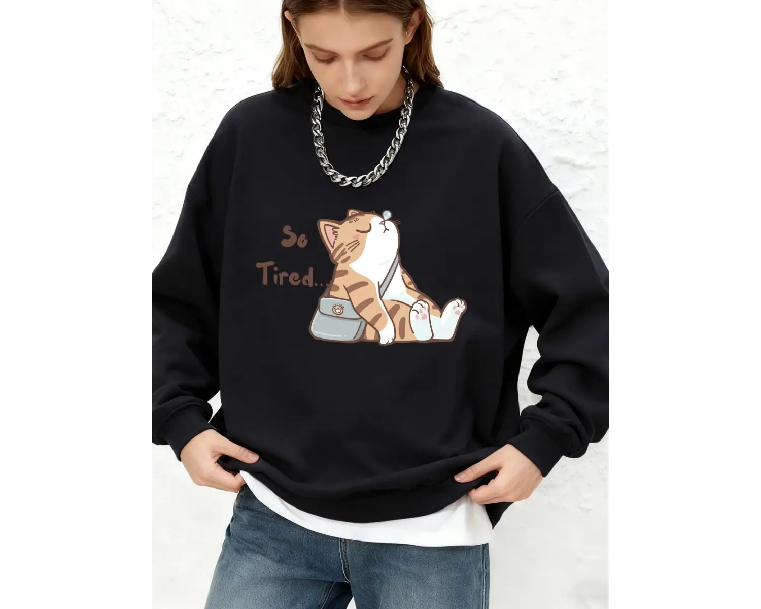 Soyut Kedi Çok Yorgun Baskılı Sweatshirt Kadın Günlük Yuvarlak Yaka Bol Kapüşonlu Sıcak Uzun