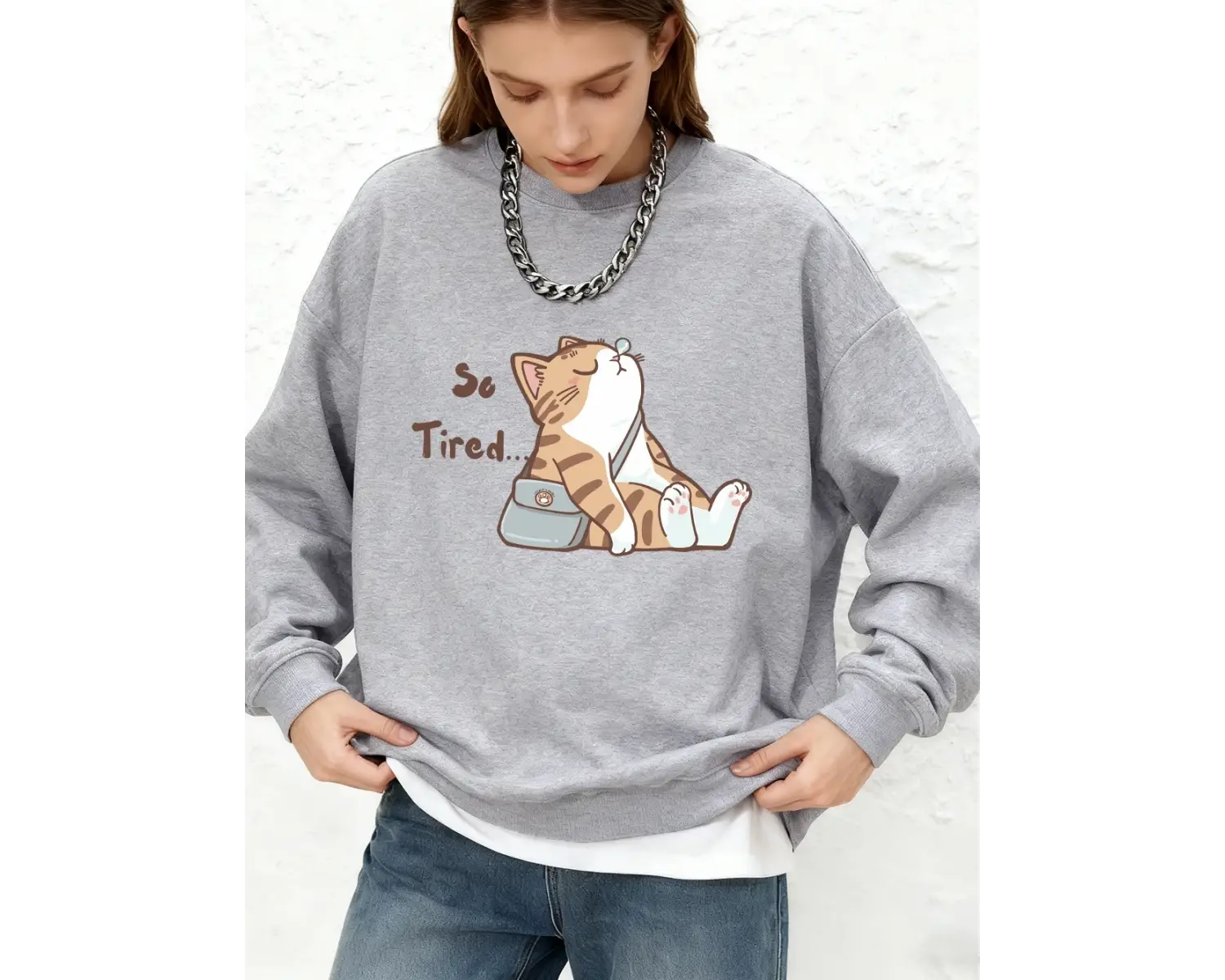 Soyut Kedi Çok Yorgun Baskılı Sweatshirt Kadın Günlük Yuvarlak Yaka Bol Kapüşonlu Sıcak Uzun