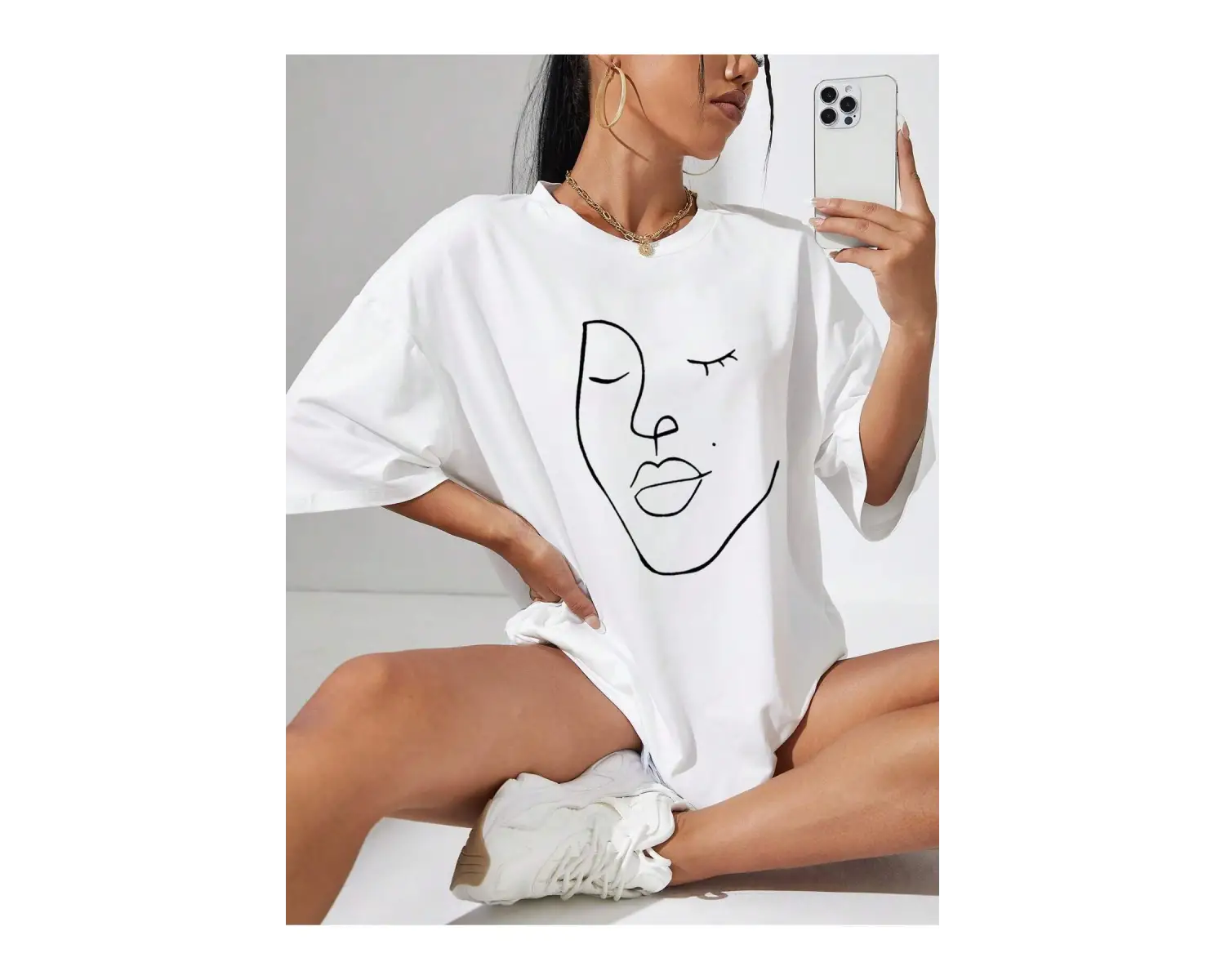 Soyut Şekil Grafik Düşük Omuz Büyük Boy Tişört