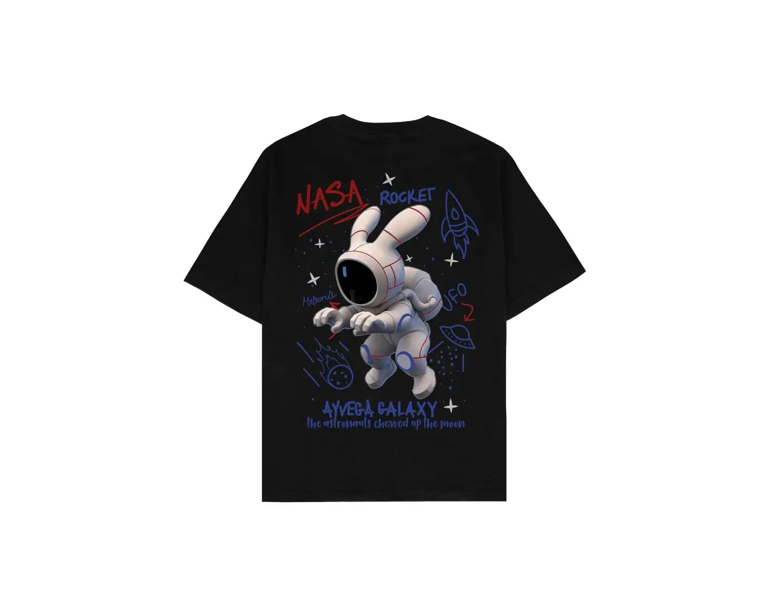Space Bunny Siyah Oversize Unisex T-shirt