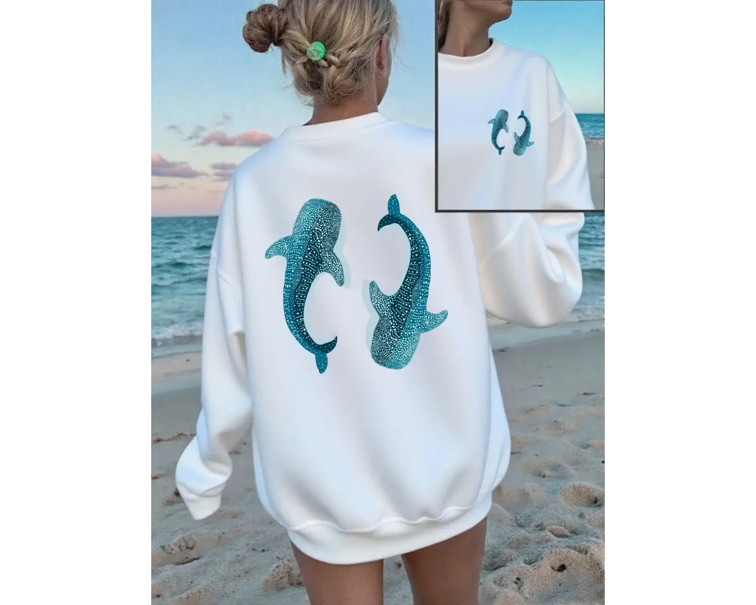 Sperm Balinası Mavi Baskı Tişörtü Kadın Gevşek Rahat Kapüşonlular Polar Sıcak Bisiklet Yaka G