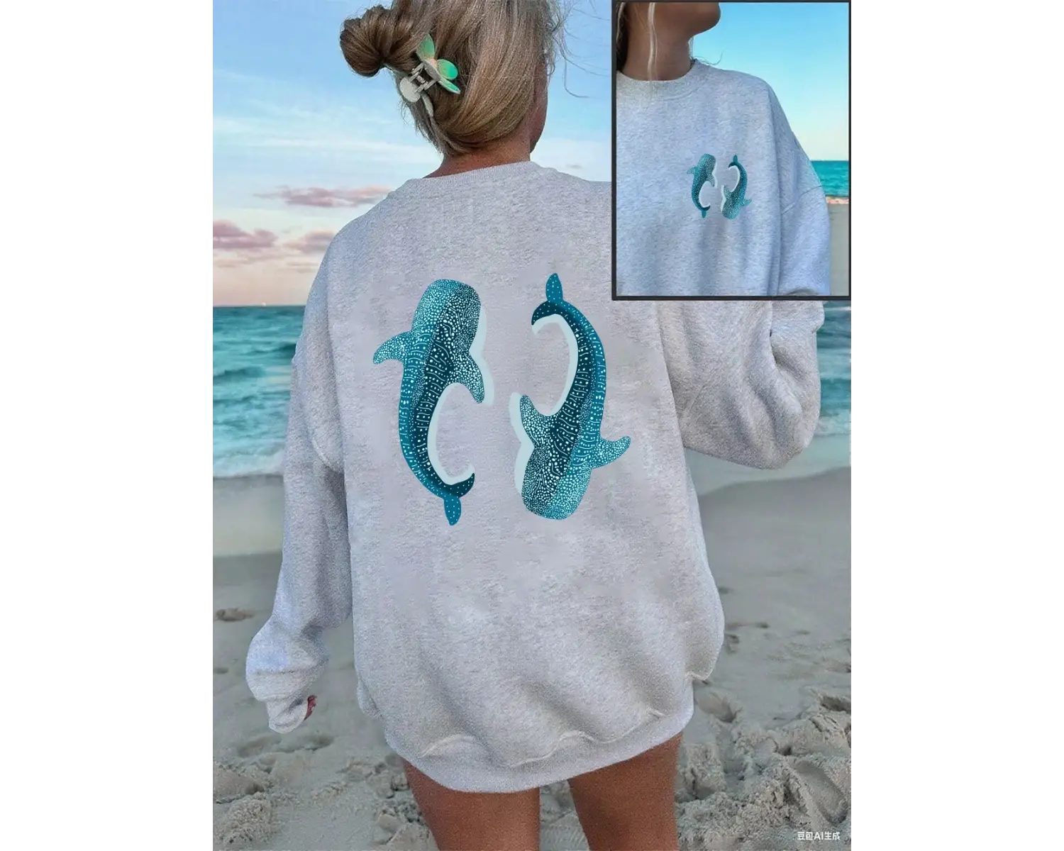 Sperm Balinası Mavi Baskı Tişörtü Kadın Gevşek Rahat Kapüşonlular Polar Sıcak Bisiklet Yaka G