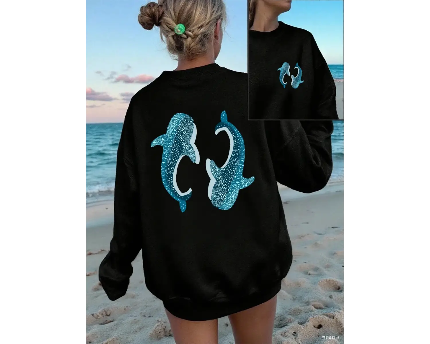 Sperm Balinası Mavi Baskı Tişörtü Kadın Gevşek Rahat Kapüşonlular Polar Sıcak Bisiklet Yaka G