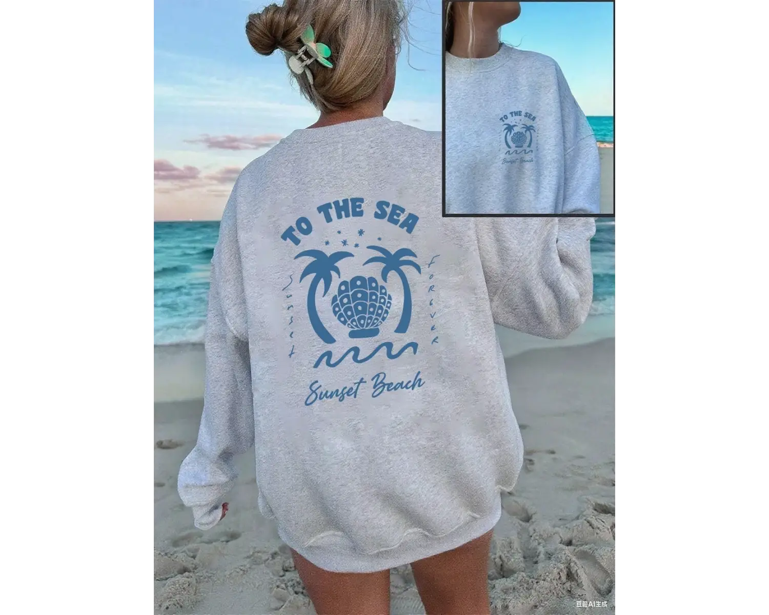 Sperm Balinası Mavi Baskılı Sweatshirt Kadın Polar Sıcak Bol Kapüşonlu Sweatshirt Bisiklet Ya