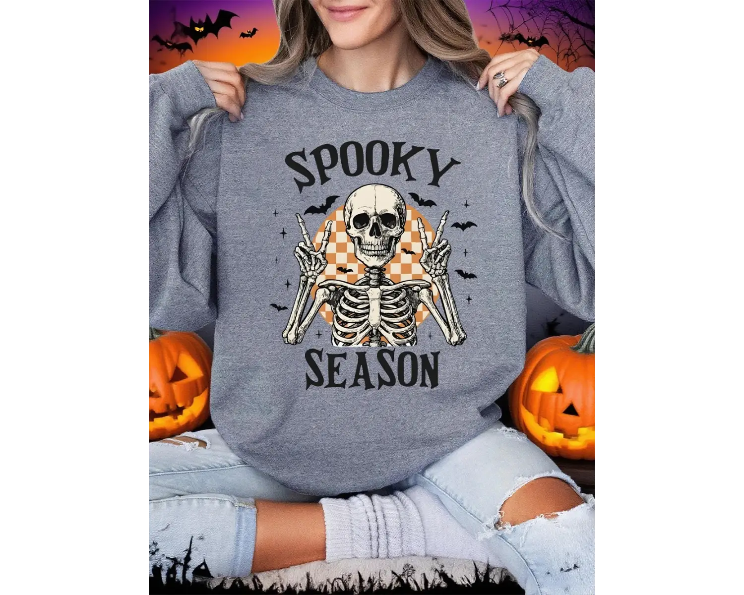 Spooky Mason İskelet Baskı Cadılar Bayramı Kazak Kadın Crewneck Sportif Kapüşonlular Gevşek P