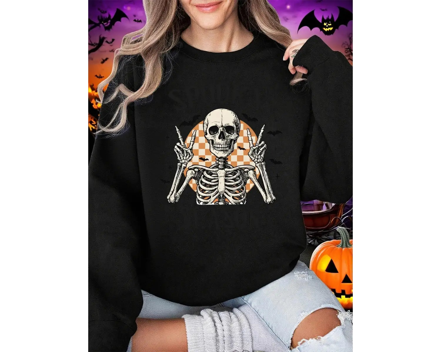 Spooky Mason İskelet Baskı Cadılar Bayramı Kazak Kadın Crewneck Sportif Kapüşonlular Gevşek P