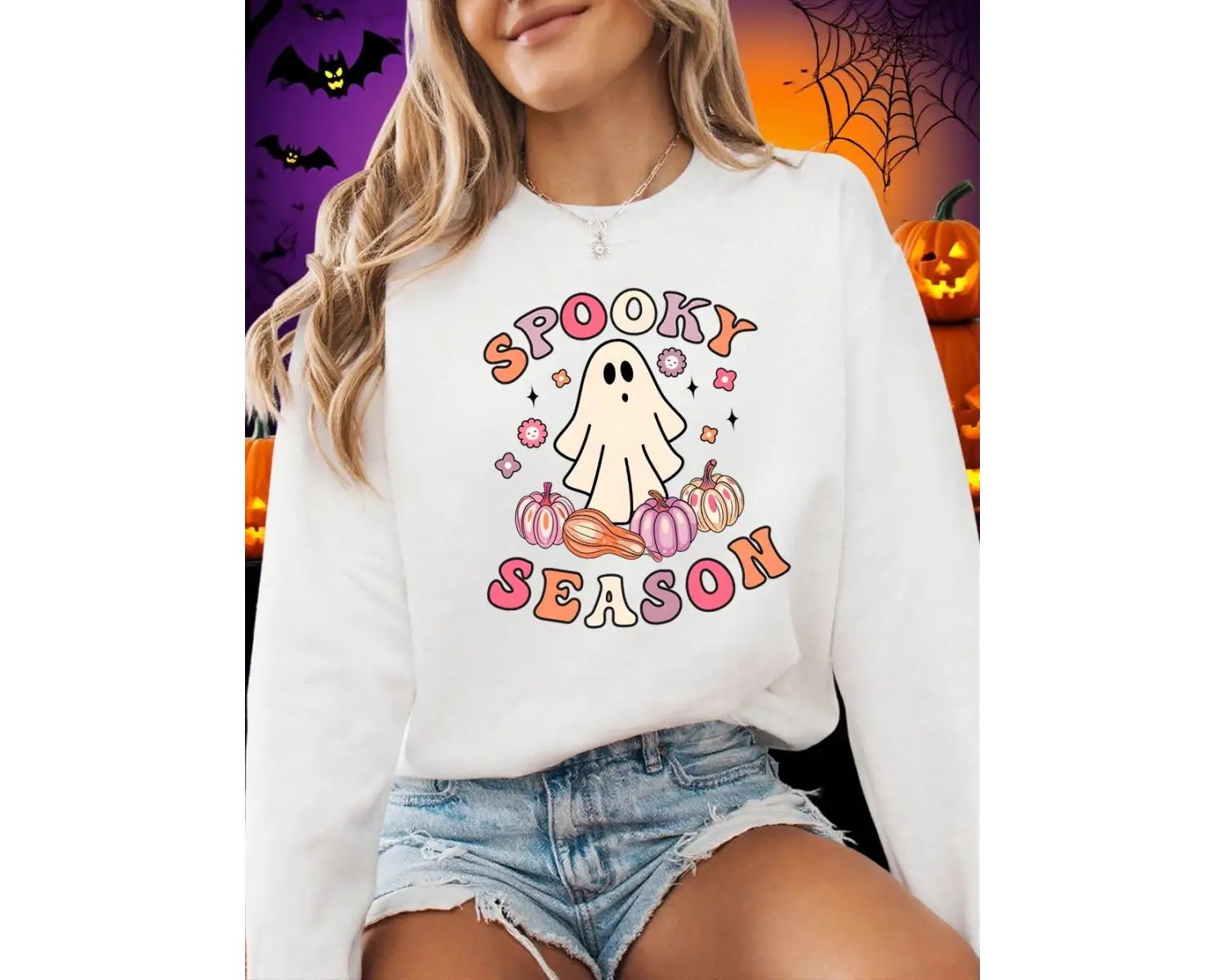 Spooky Sezon Kazak Hayalet Baskılar Cadılar Bayramı Kadın Kış Polar Hoodie Crewneck Gevşek Ka