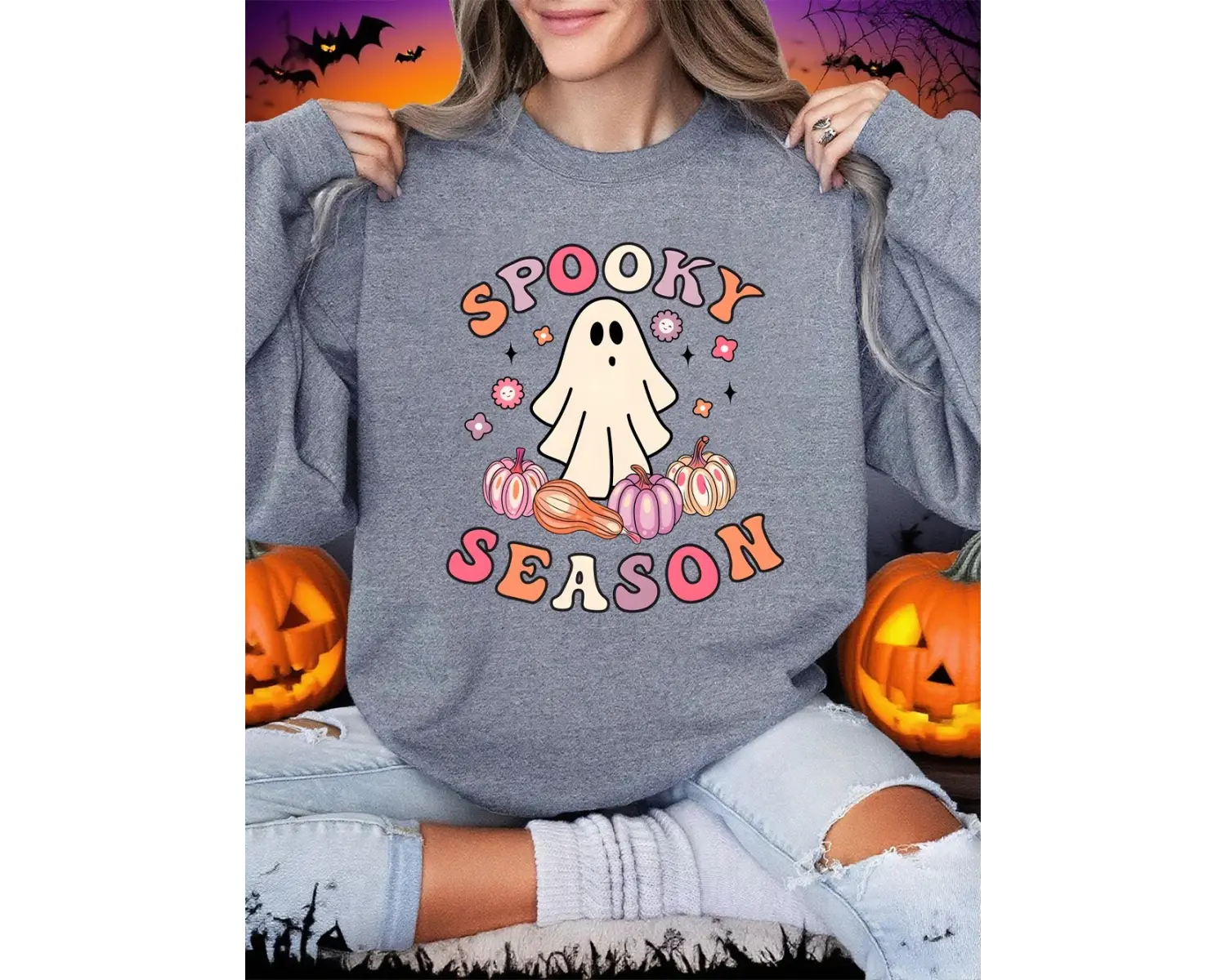 Spooky Sezon Kazak Hayalet Baskılar Cadılar Bayramı Kadın Kış Polar Hoodie Crewneck Gevşek Ka
