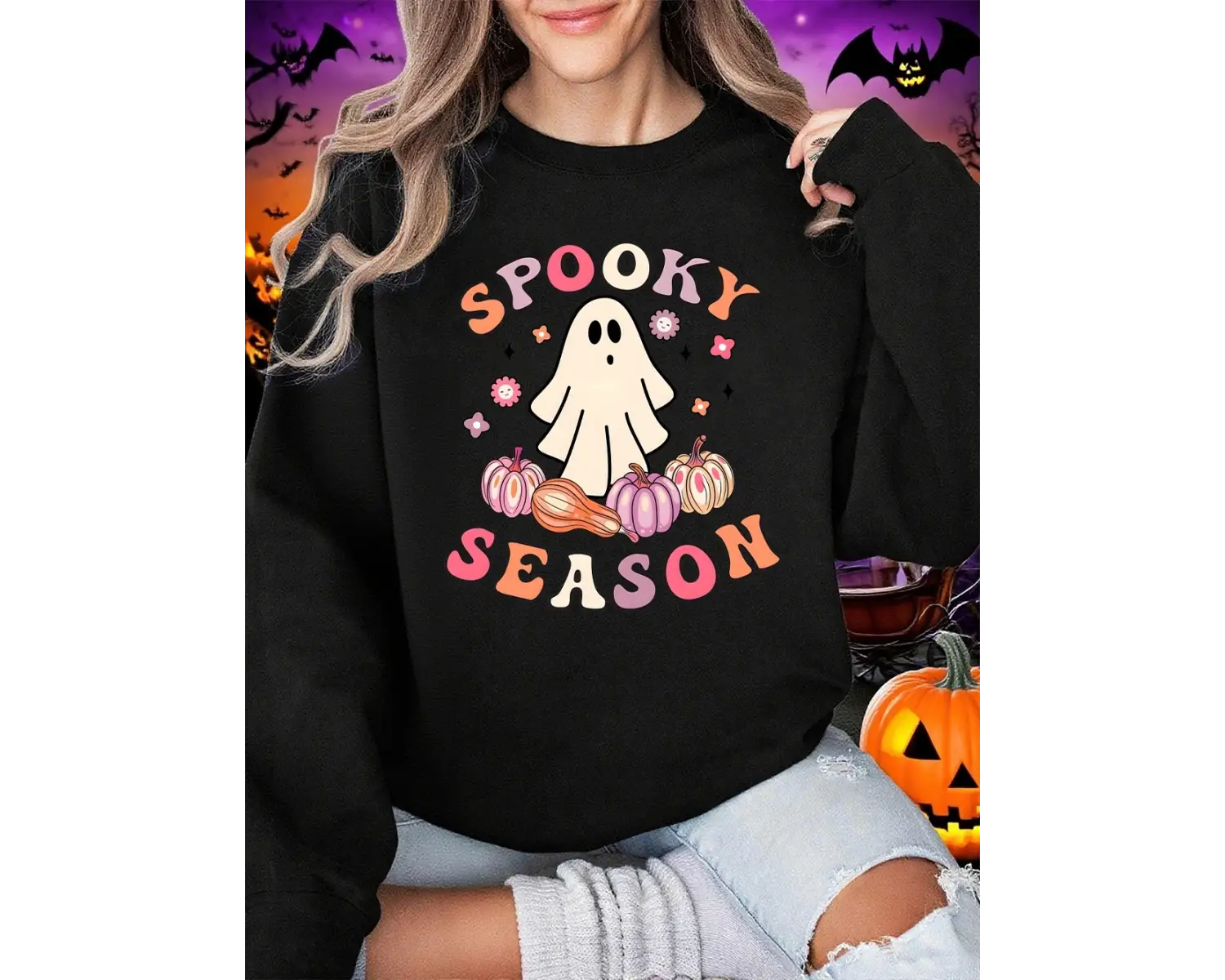 Spooky Sezon Kazak Hayalet Baskılar Cadılar Bayramı Kadın Kış Polar Hoodie Crewneck Gevşek Ka