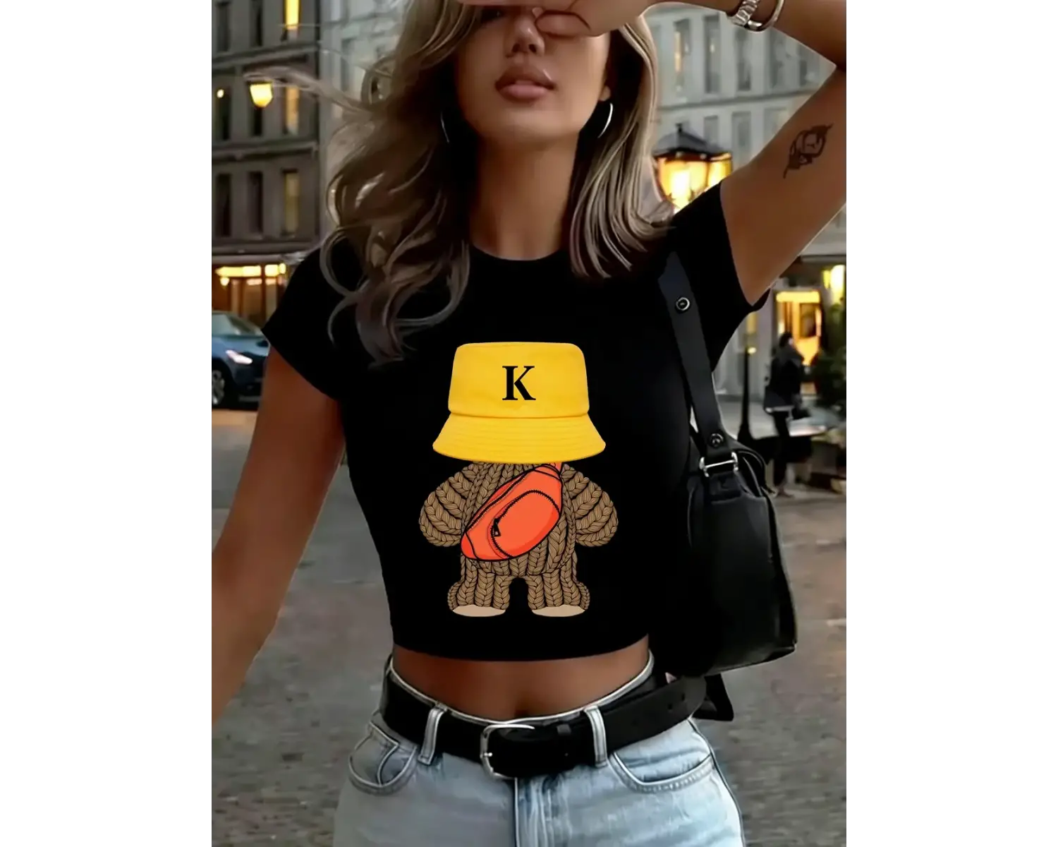 Spor Yünlü Ayı Baskılı Kadın Babby TeeT-Shirt Yaz Yüksek Elastik Yumuşak Üstler İnce Kısa Kollu T