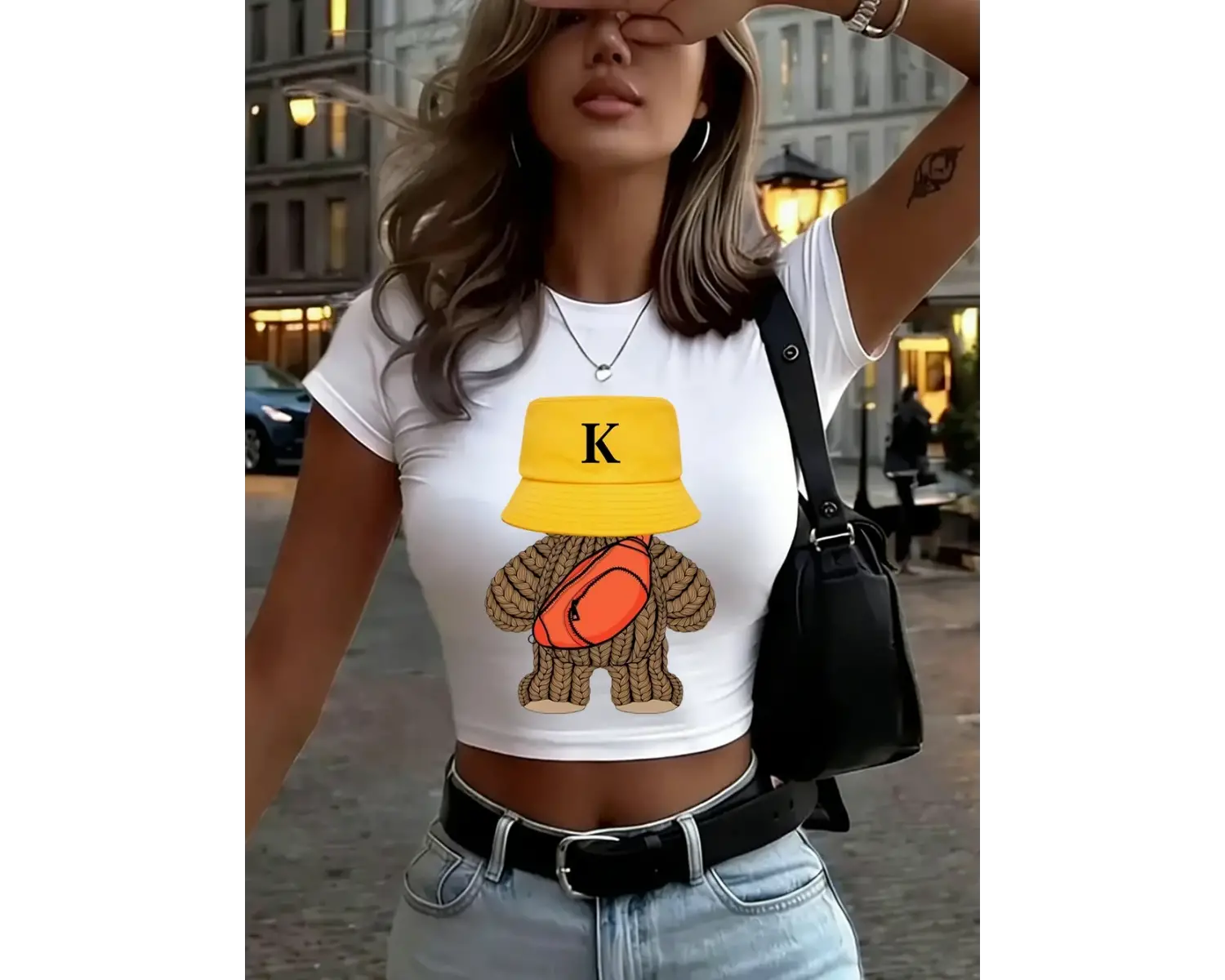 Spor Yünlü Ayı Baskılı Kadın Babby TeeT-Shirt Yaz Yüksek Elastik Yumuşak Üstler İnce Kısa Kollu T