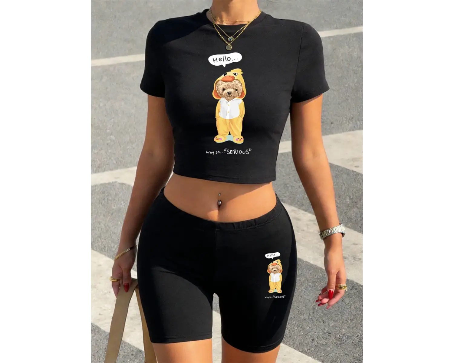 Sportif Pijama Ayı Karikatür Baskılar Kırpma Üstleri ve Şortlar Kadın İki Parçalı Set Tişörtl
