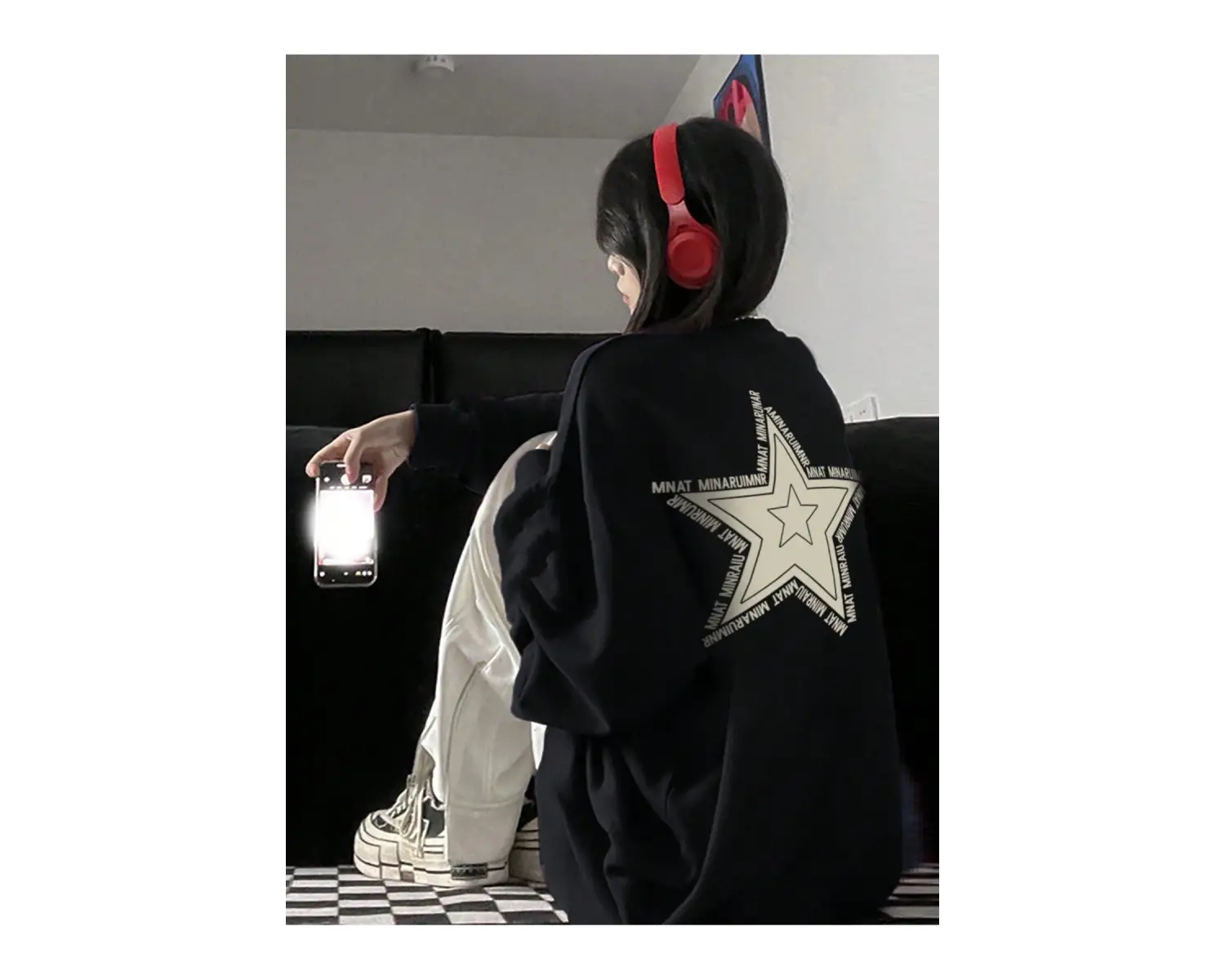 Star Pattern Drop Shoulder Oversized Pullover Siyah