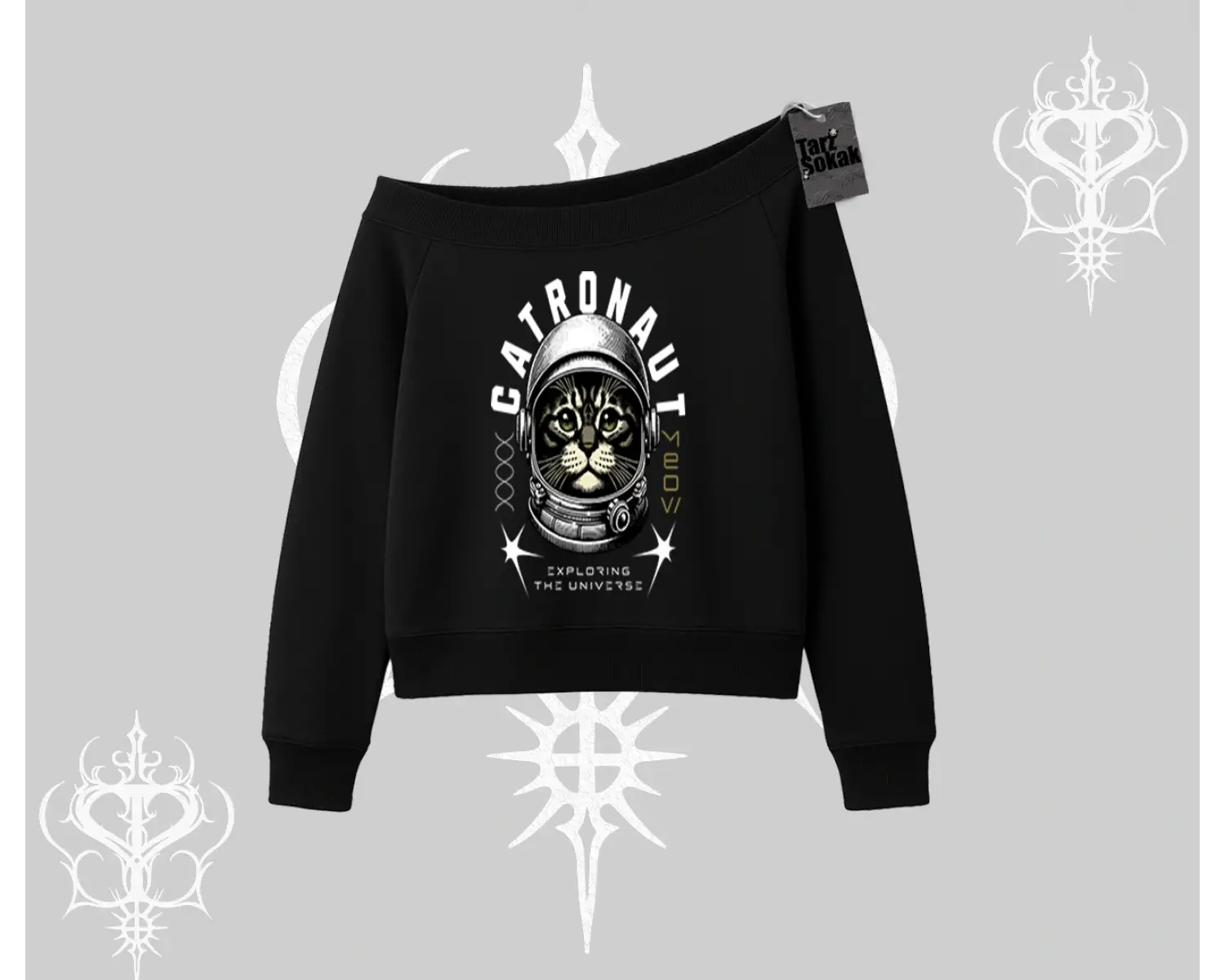 Stay Cool Kedi Baskılı Kapşonlu Crop Sweatshirt