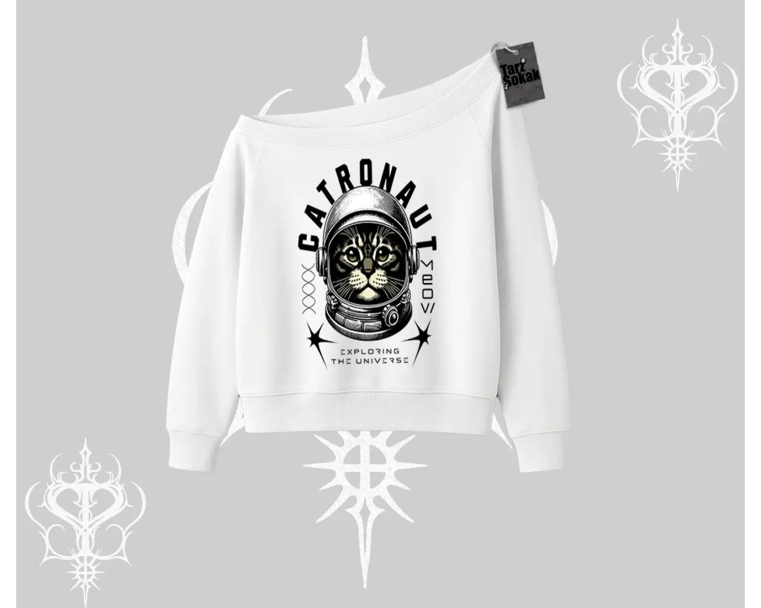 Stay Cool Kedi Baskılı Kapşonlu Crop Sweatshirt