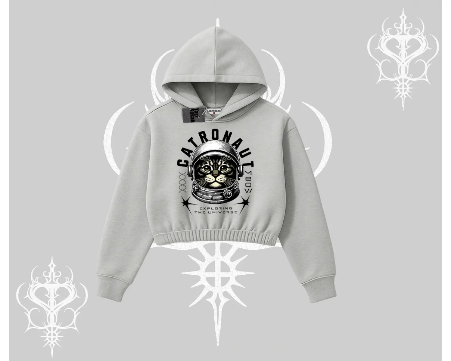 Stay Cool Kedi Baskılı Kapşonlu Crop Sweatshirt