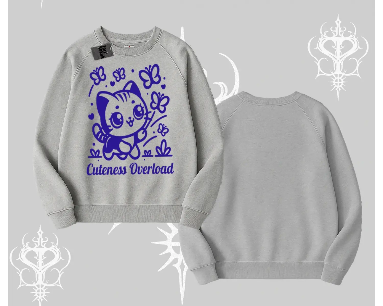 Stay Cool Kedi Baskılı Kapşonlu Crop Sweatshirt