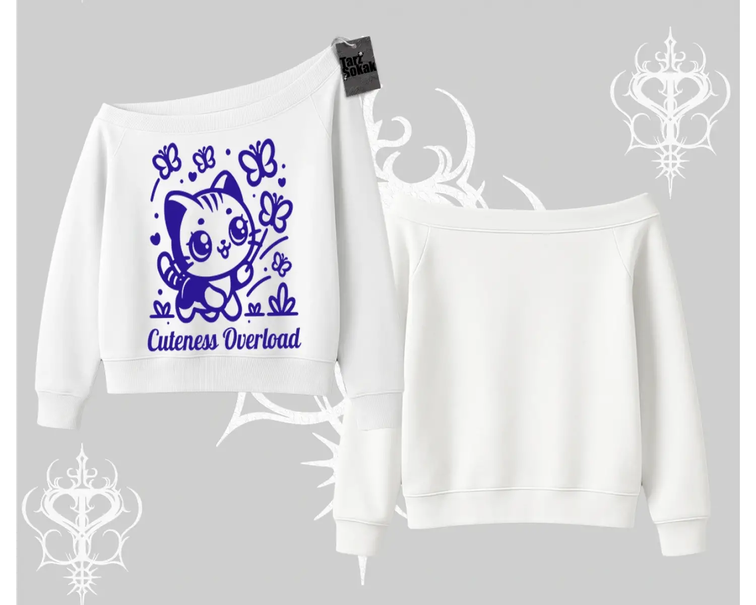 Stay Cool Kedi Baskılı Kayık Yaka Sweatshirt