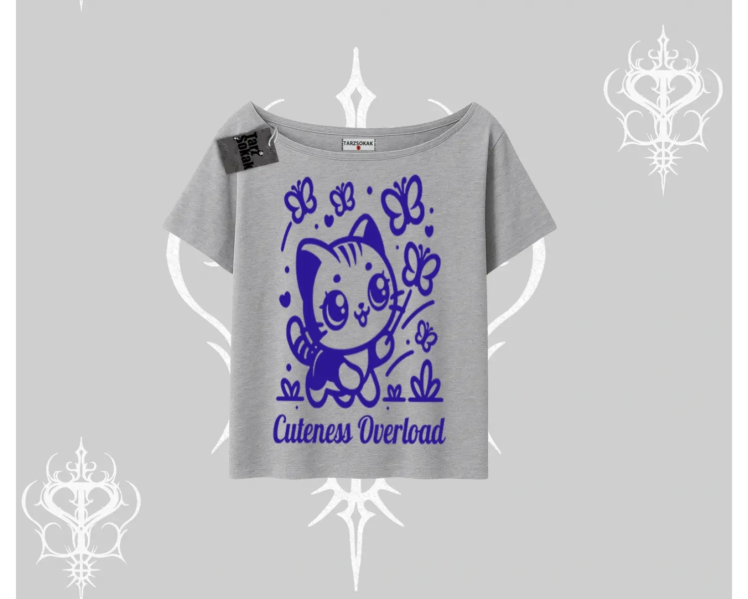 Stay Cool Kedi Baskılı Oversize Crop Tshirt