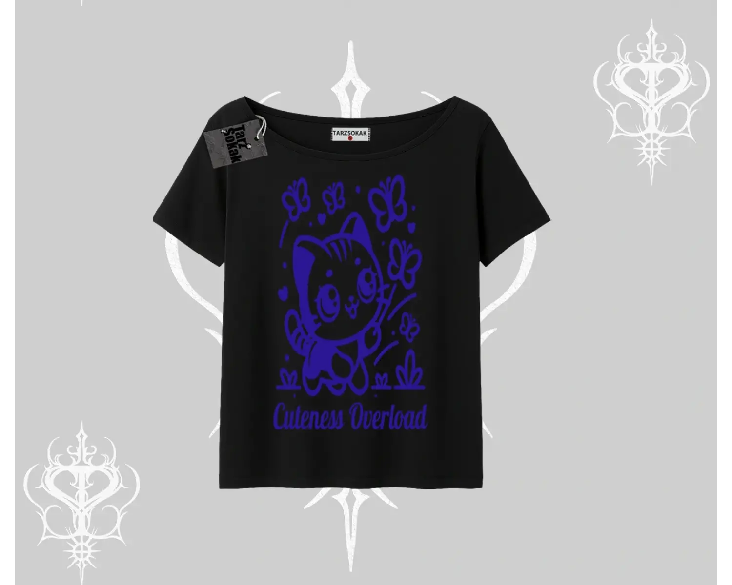 Stay Cool Kedi Baskılı Oversize Crop Tshirt