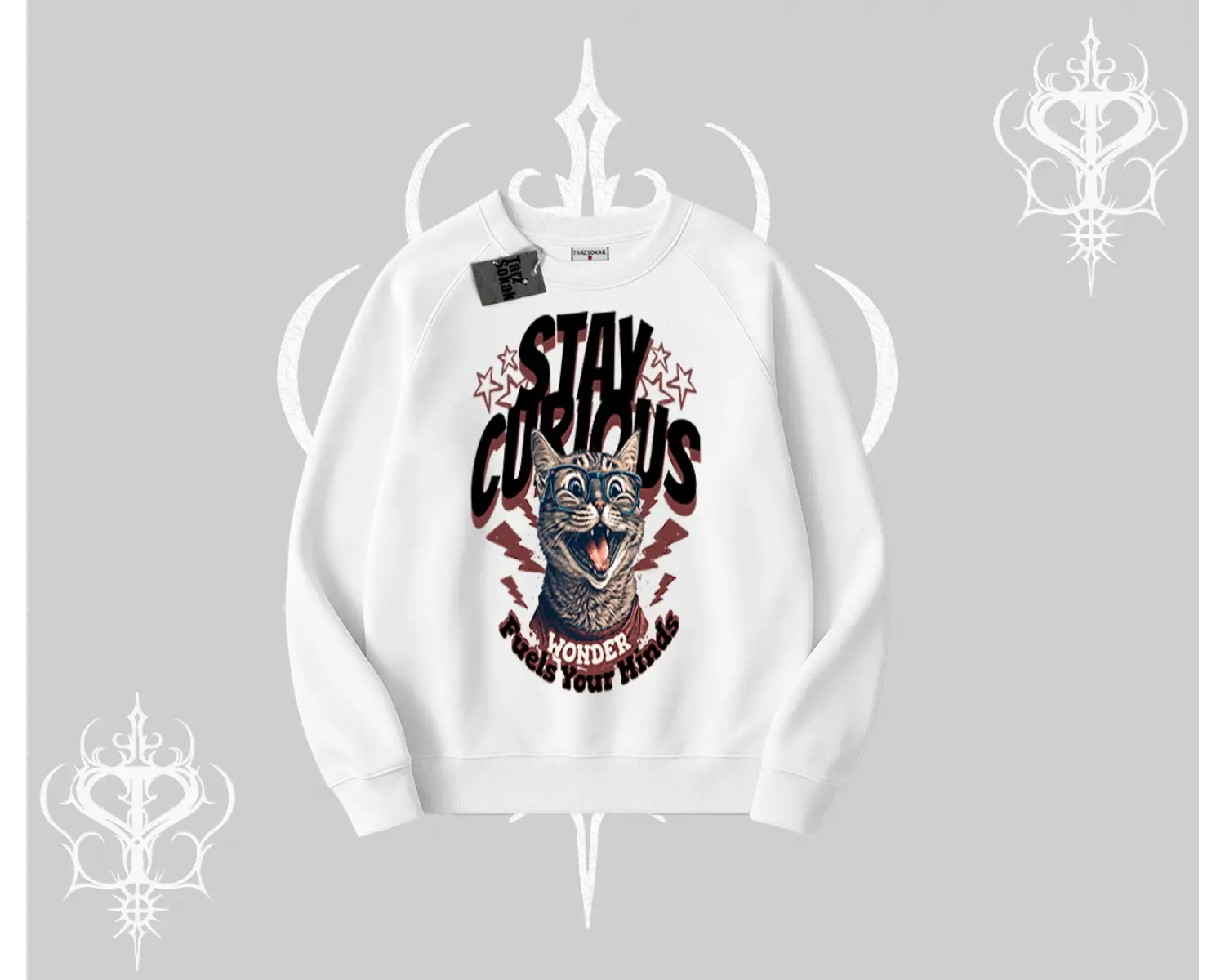 Stay Curious Kedi Baskılı Biskilet Sweatshirt