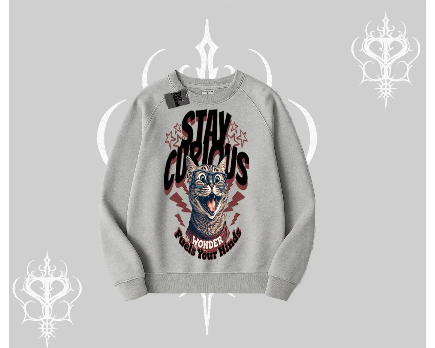 Stay Curious Kedi Baskılı Biskilet Sweatshirt