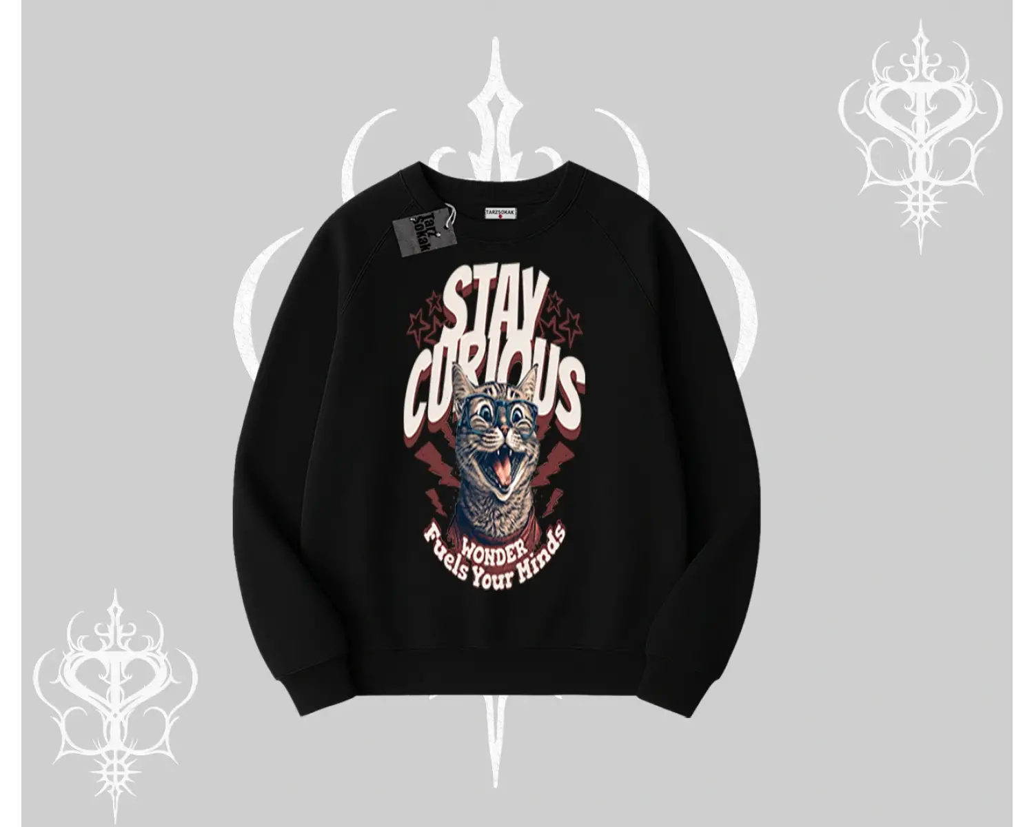 Stay Curious Kedi Baskılı Biskilet Sweatshirt