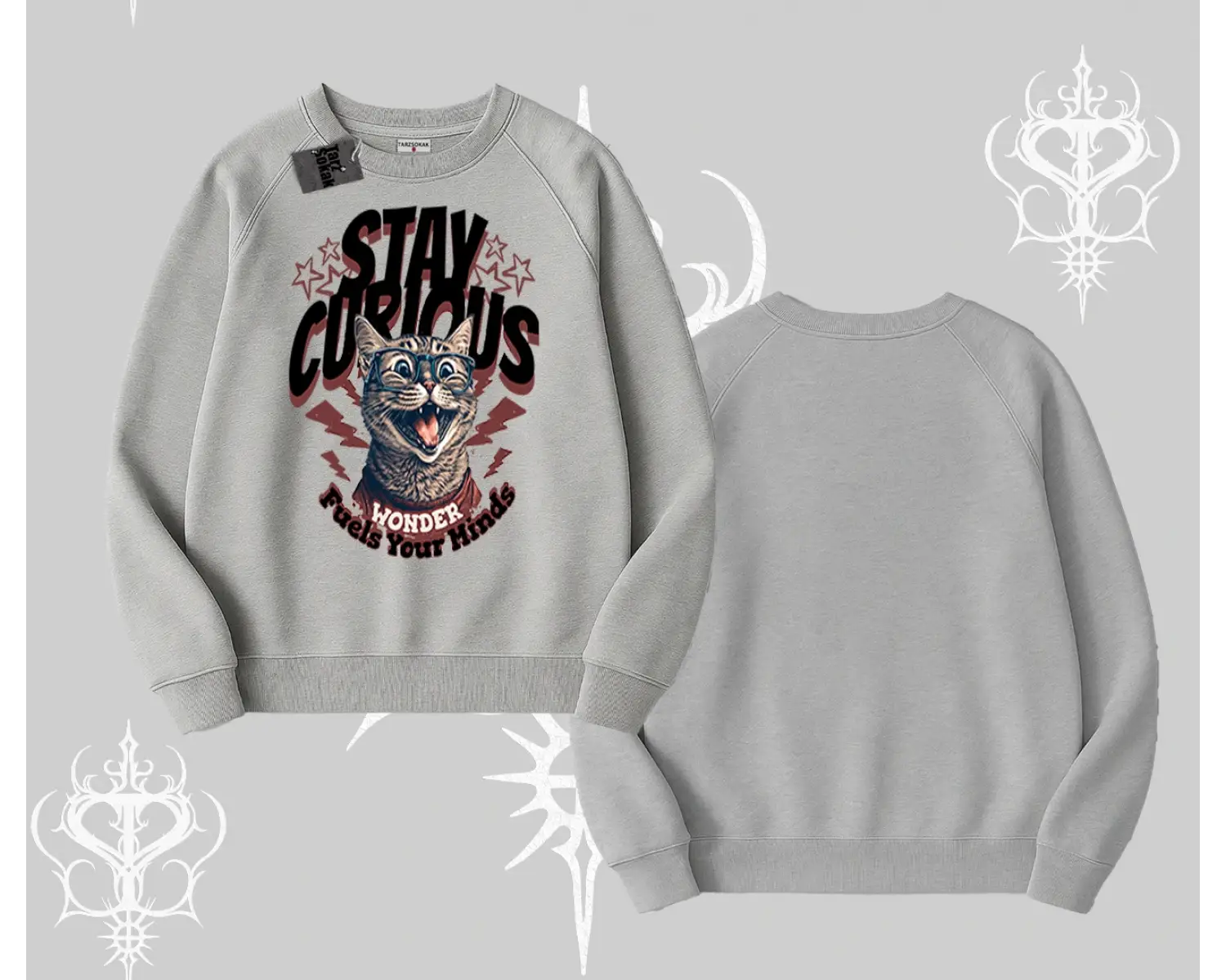 Stay Curious Kedi Baskılı Biskilet Sweatshirt