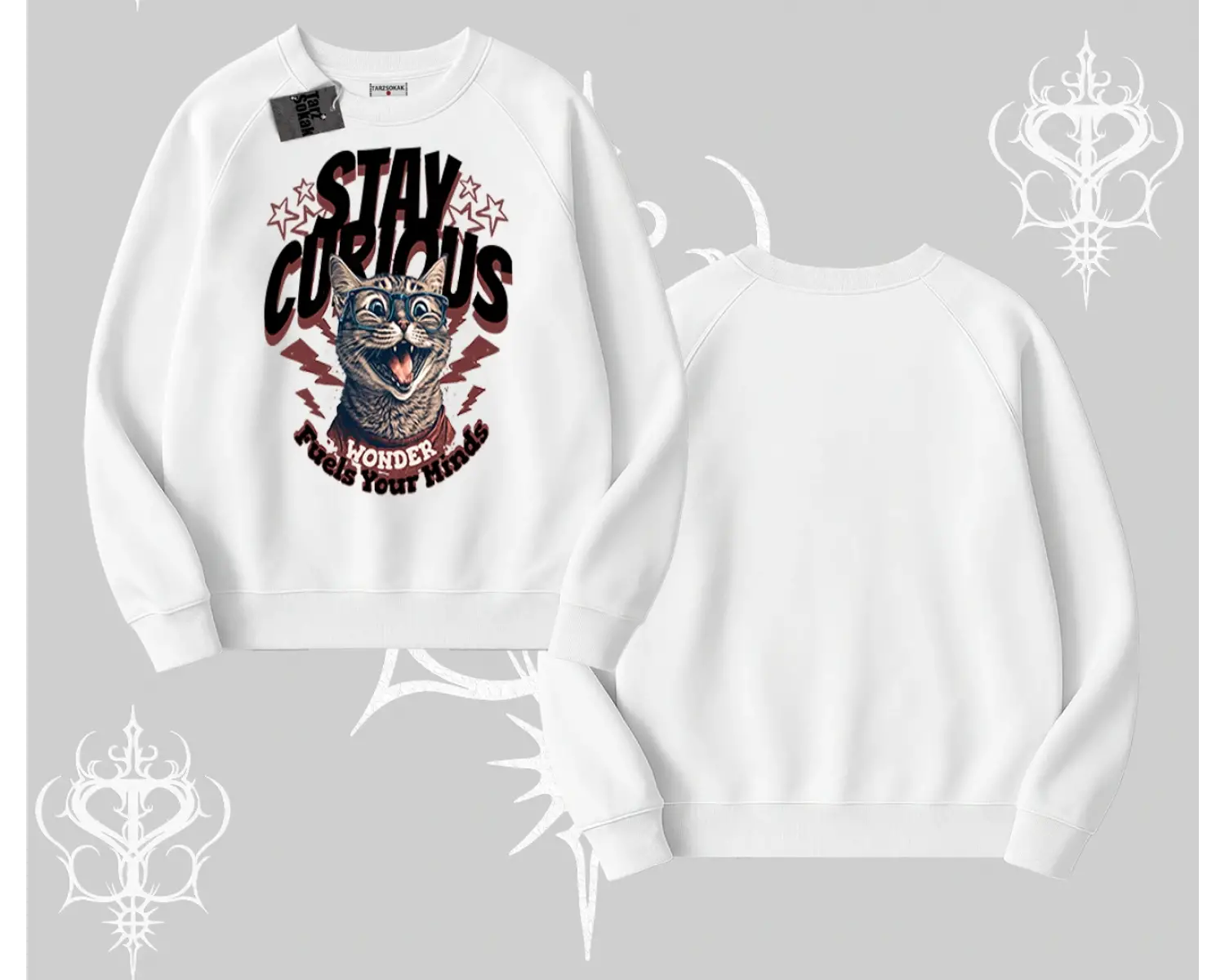 Stay Curious Kedi Baskılı Biskilet Sweatshirt