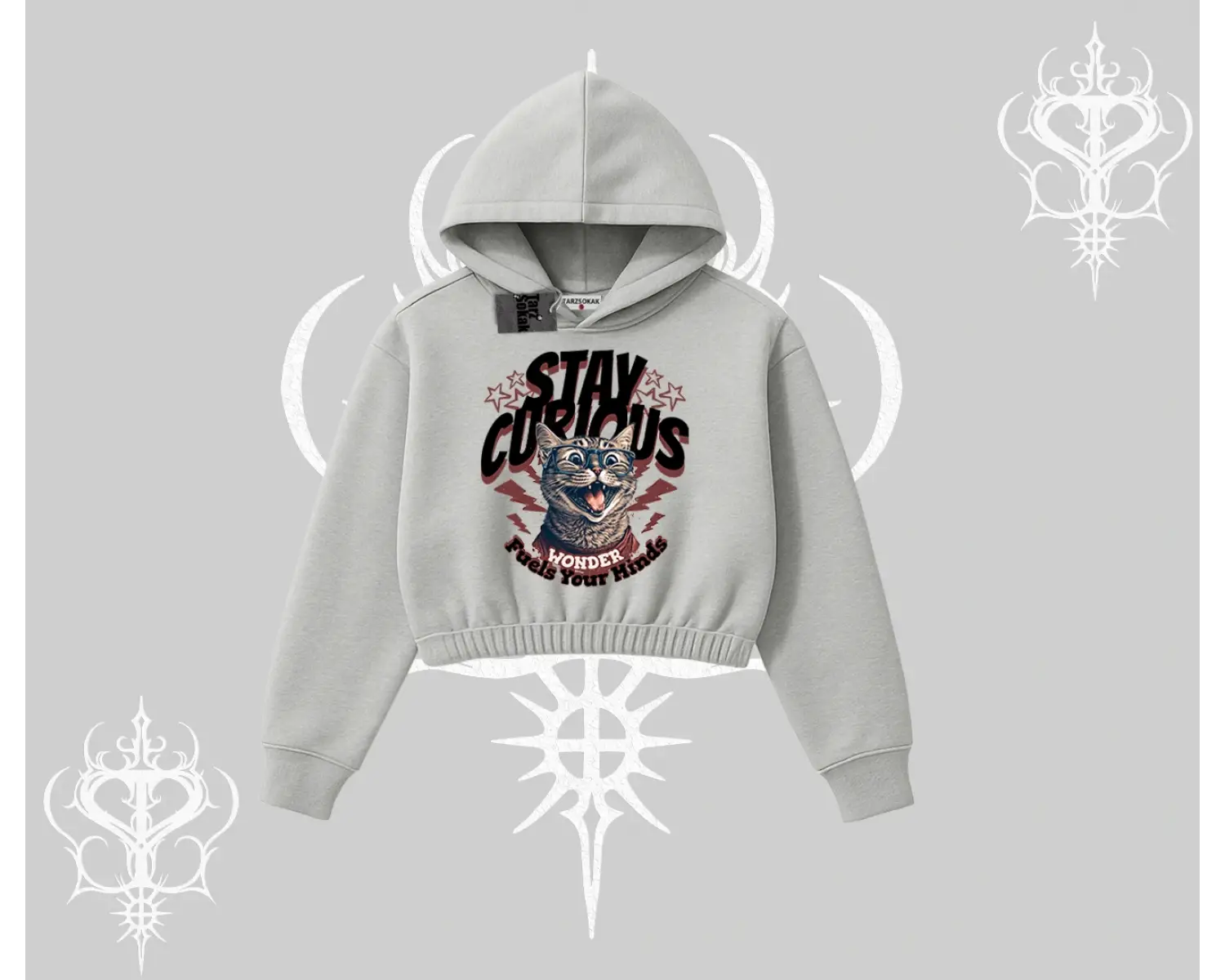 Stay Curious Kedi Baskılı Kapşonlu Crop Sweatshirt