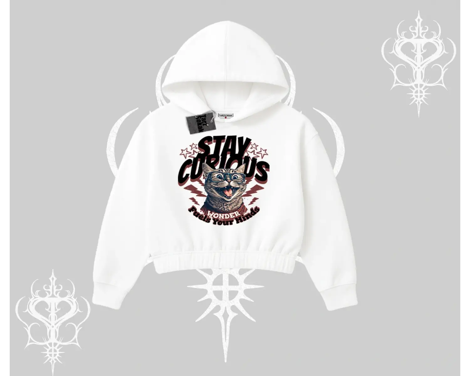 Stay Curious Kedi Baskılı Kapşonlu Crop Sweatshirt