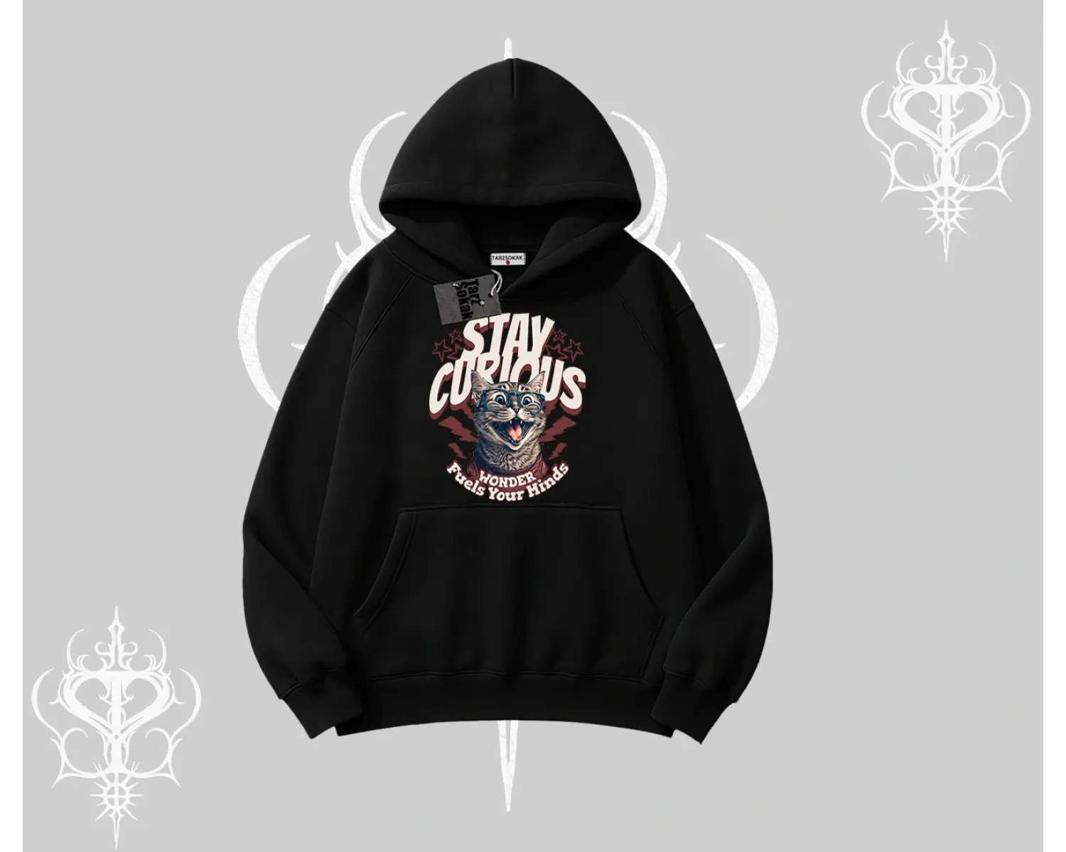 Stay Curious Kedi Baskılı Kapşonlu Sweatshirt