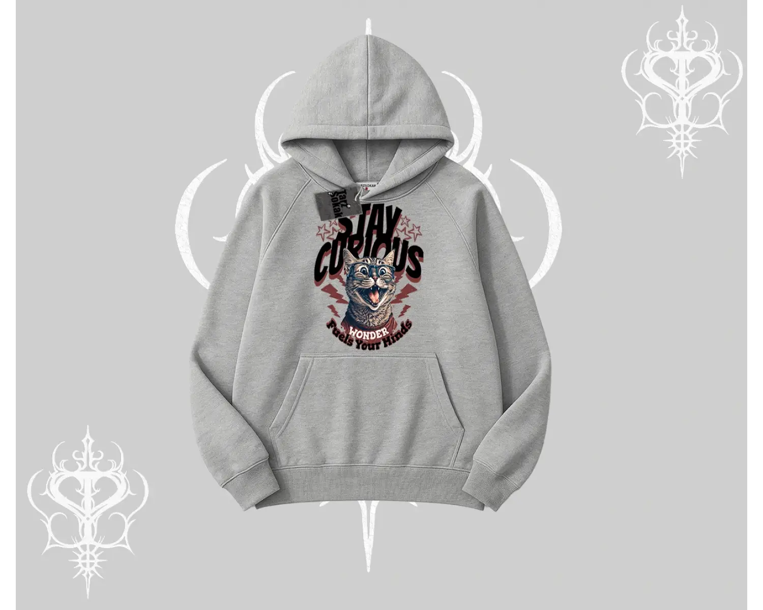 Stay Curious Kedi Baskılı Kapşonlu Sweatshirt