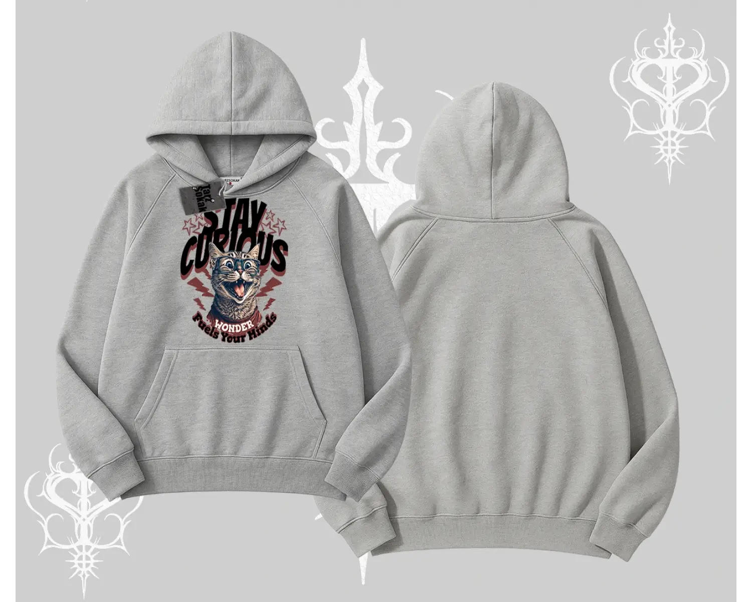 Stay Curious Kedi Baskılı Kapşonlu Sweatshirt