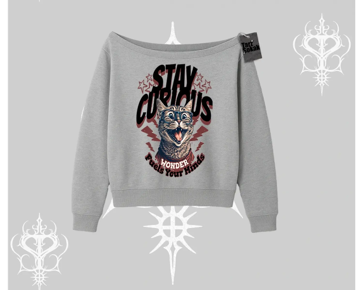Stay Curious Kedi Baskılı Kayık Yaka Sweatshirt
