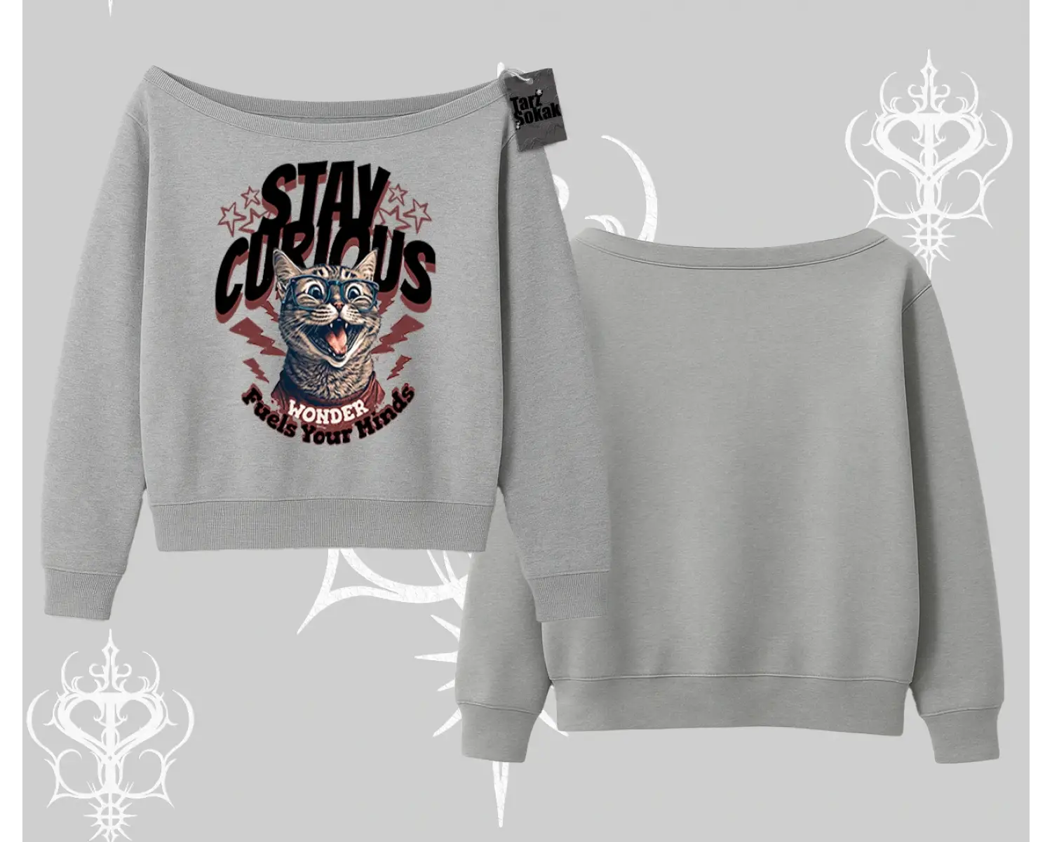 Stay Curious Kedi Baskılı Kayık Yaka Sweatshirt