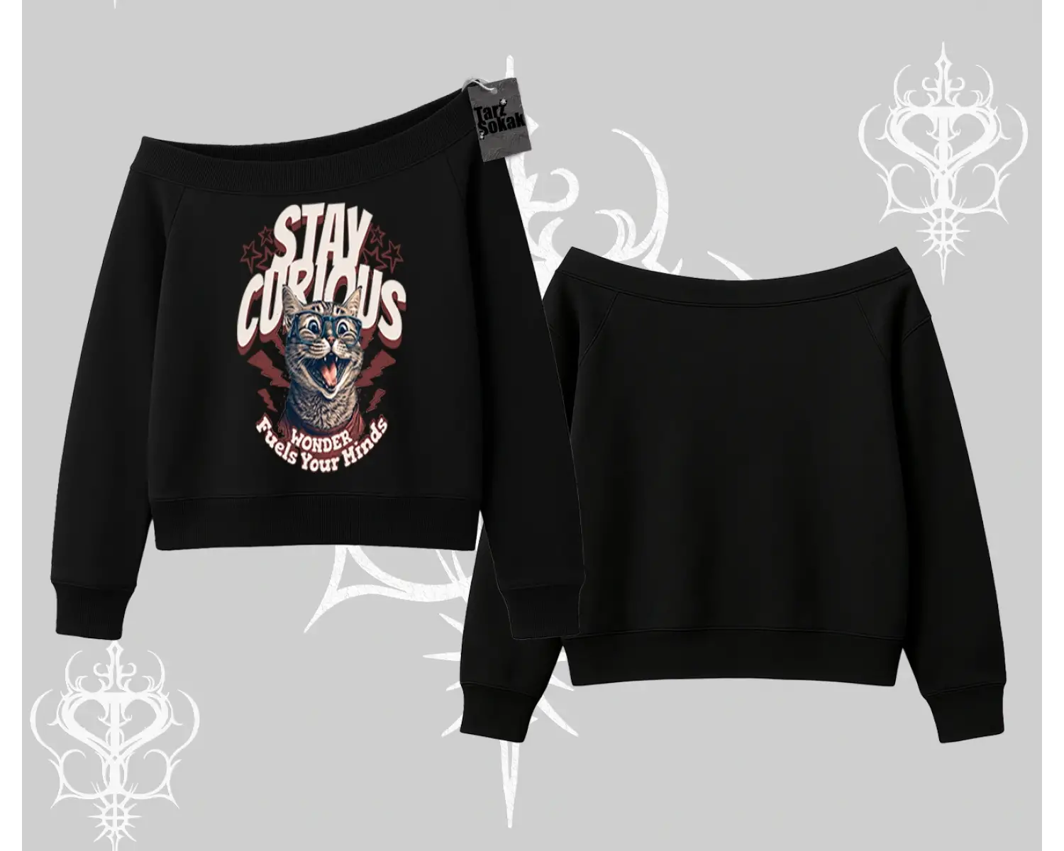 Stay Curious Kedi Baskılı Kayık Yaka Sweatshirt
