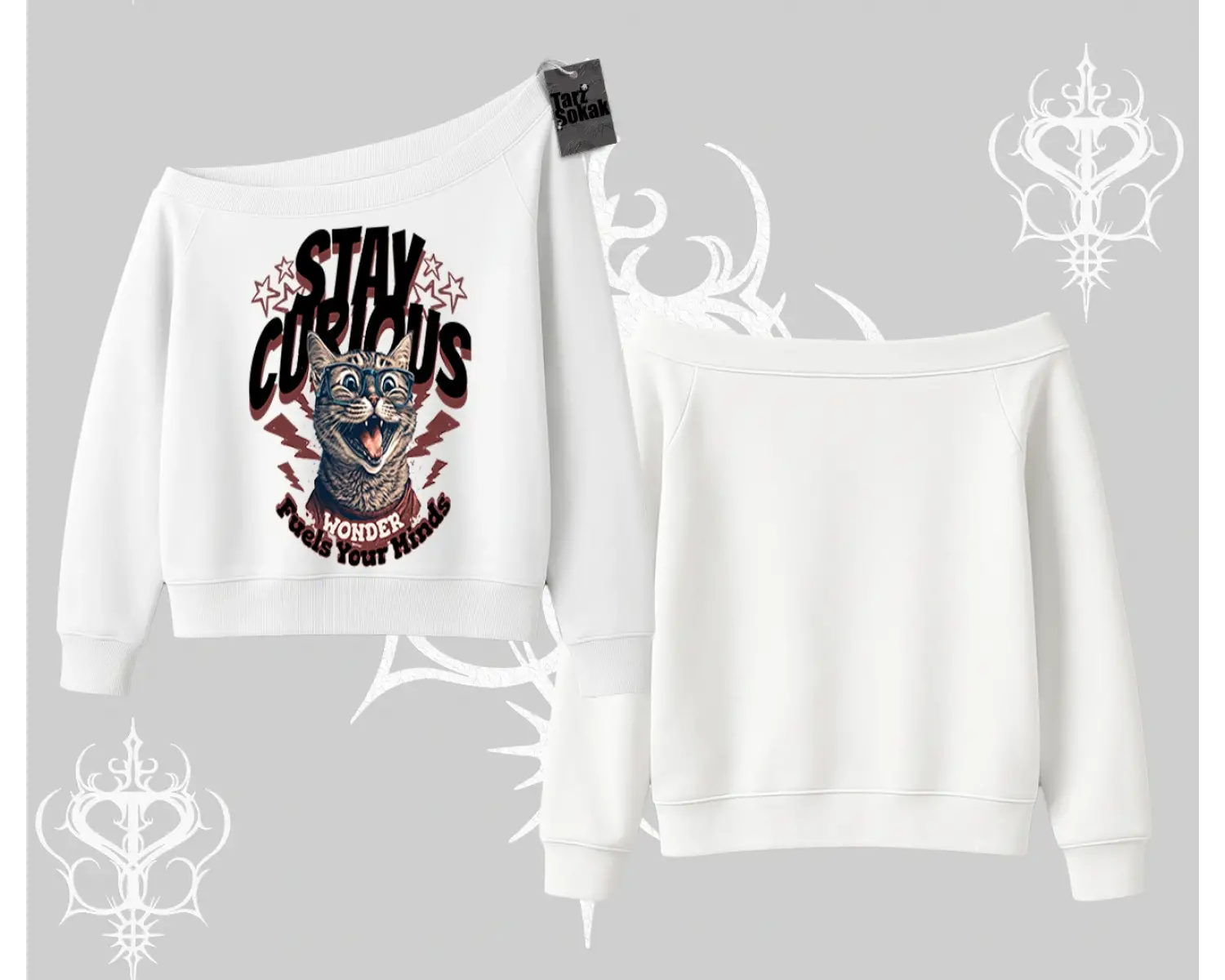 Stay Curious Kedi Baskılı Kayık Yaka Sweatshirt