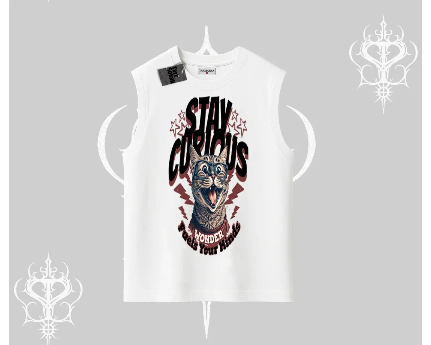 Stay Curious Kedi Baskılı Kolsuz Tshirt