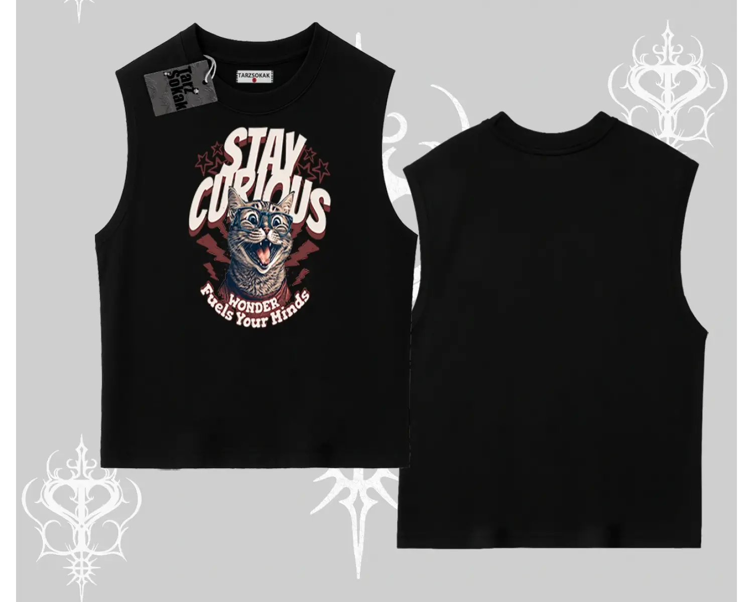 Stay Curious Kedi Baskılı Kolsuz Tshirt