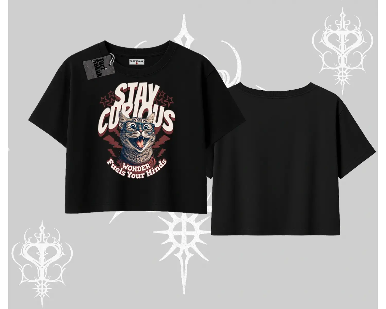 Stay Curious Kedi Baskılı Oversize Crop Tshirt