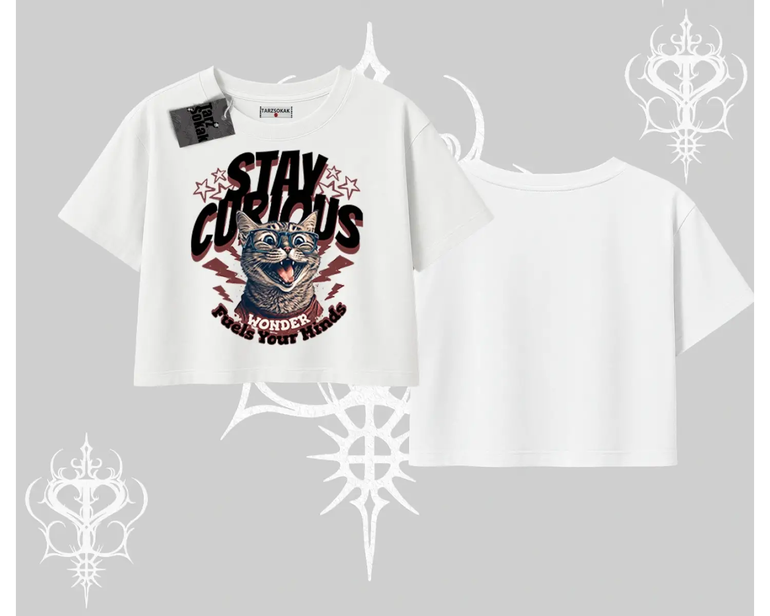 Stay Curious Kedi Baskılı Oversize Crop Tshirt