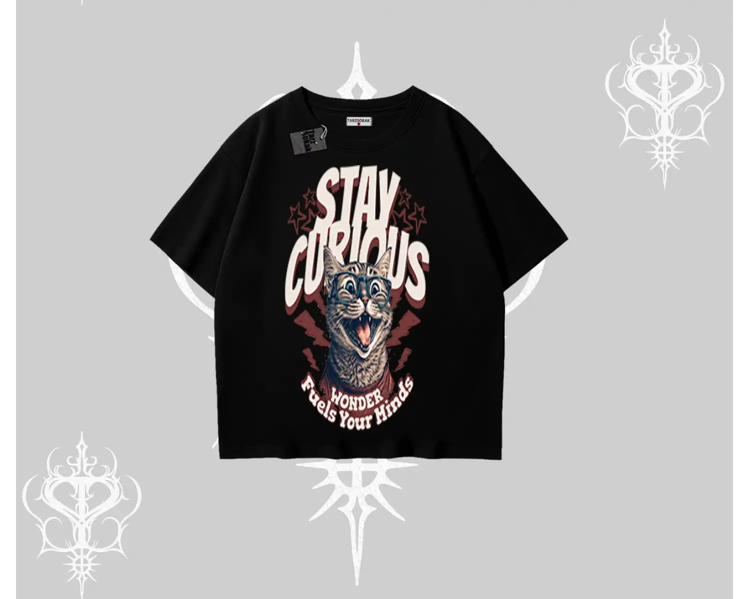 Stay Curious Kedi Baskılı Oversize Tshirt