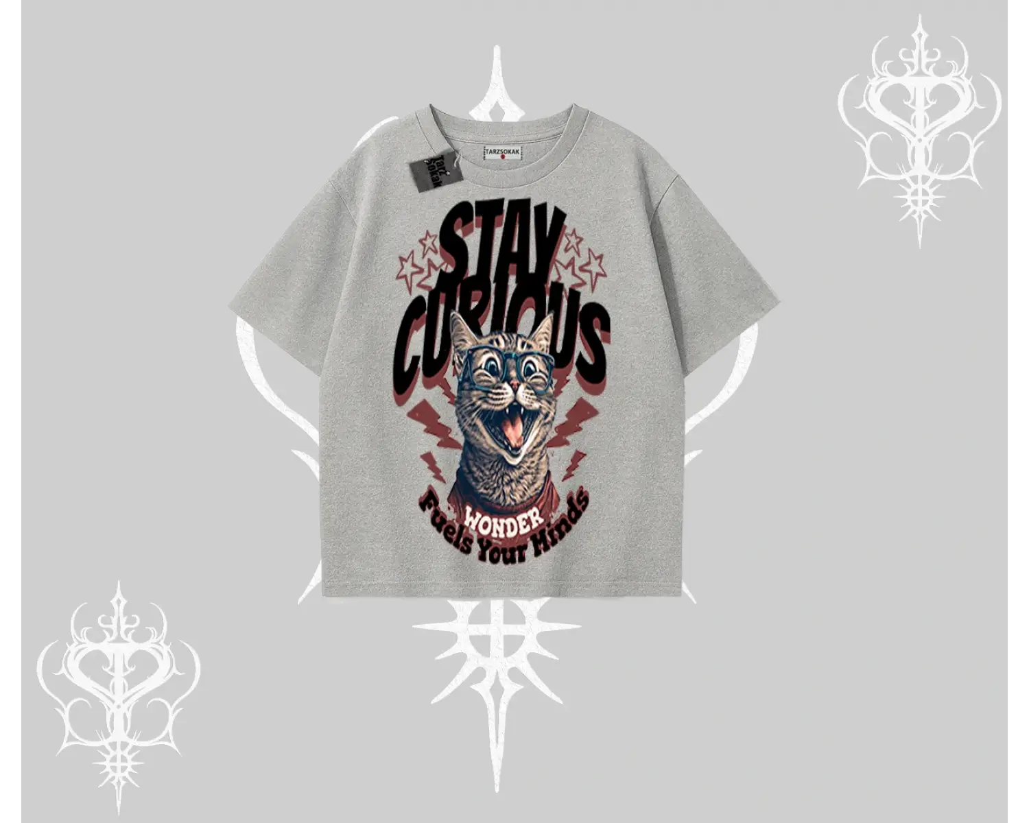 Stay Curious Kedi Baskılı Oversize Tshirt