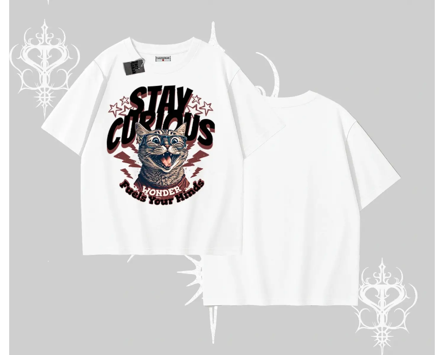 Stay Curious Kedi Baskılı Oversize Tshirt